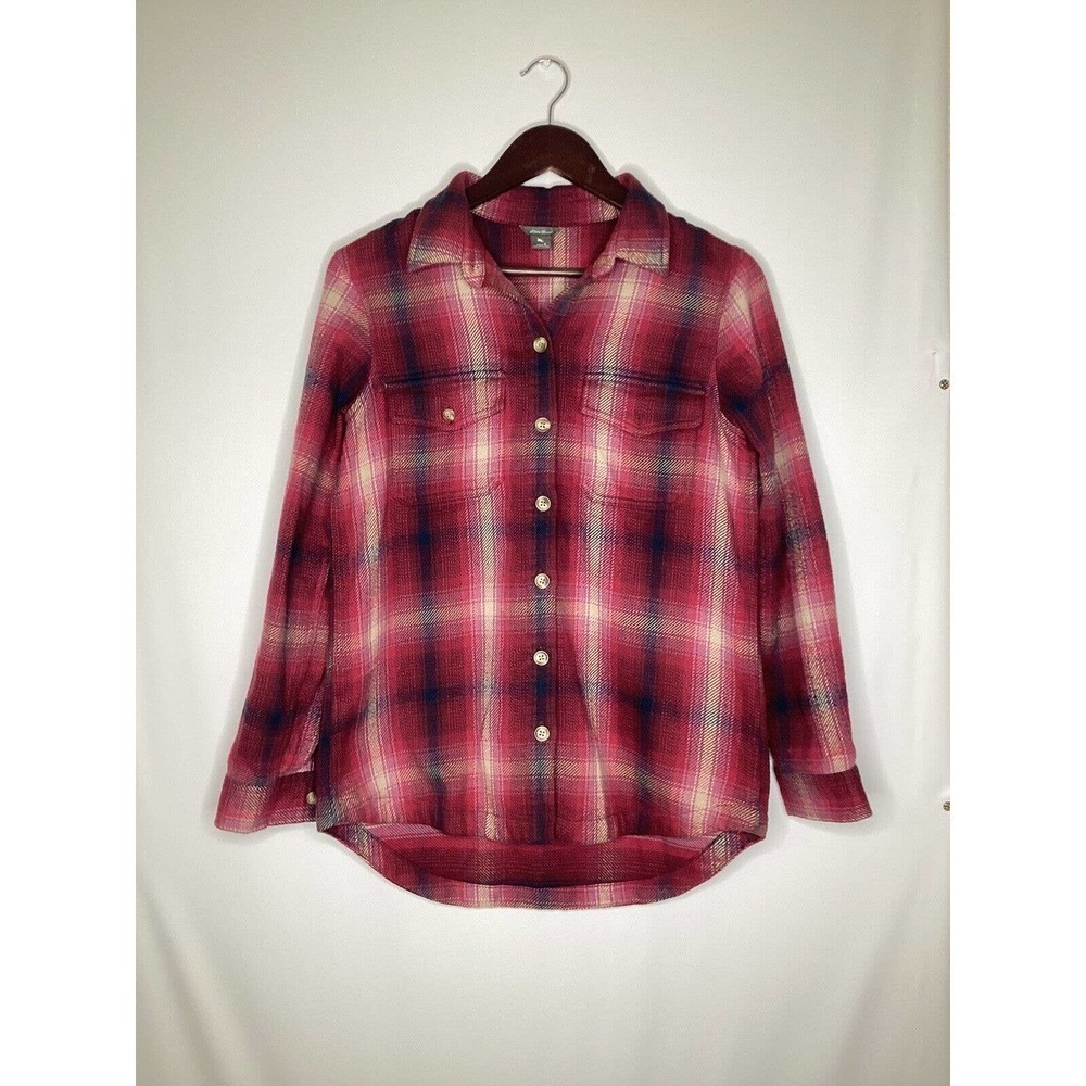 Eddie Bauer Plaid Flannel Shirt‎ Womens Small Red Blue Elbow Patches Casual